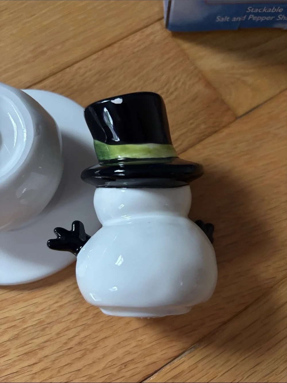 Ceramic Snowman Figurine with Black Top Hat and Green Band